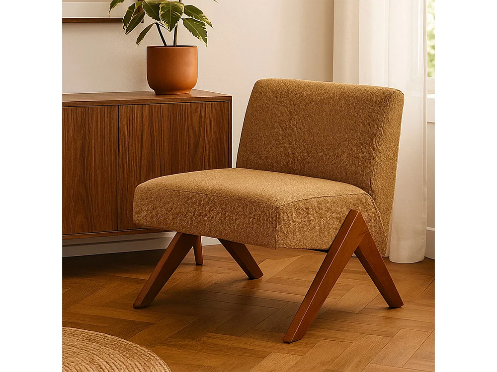 Vinto - Fauteuil en tissu pieds bois - Marron chiné