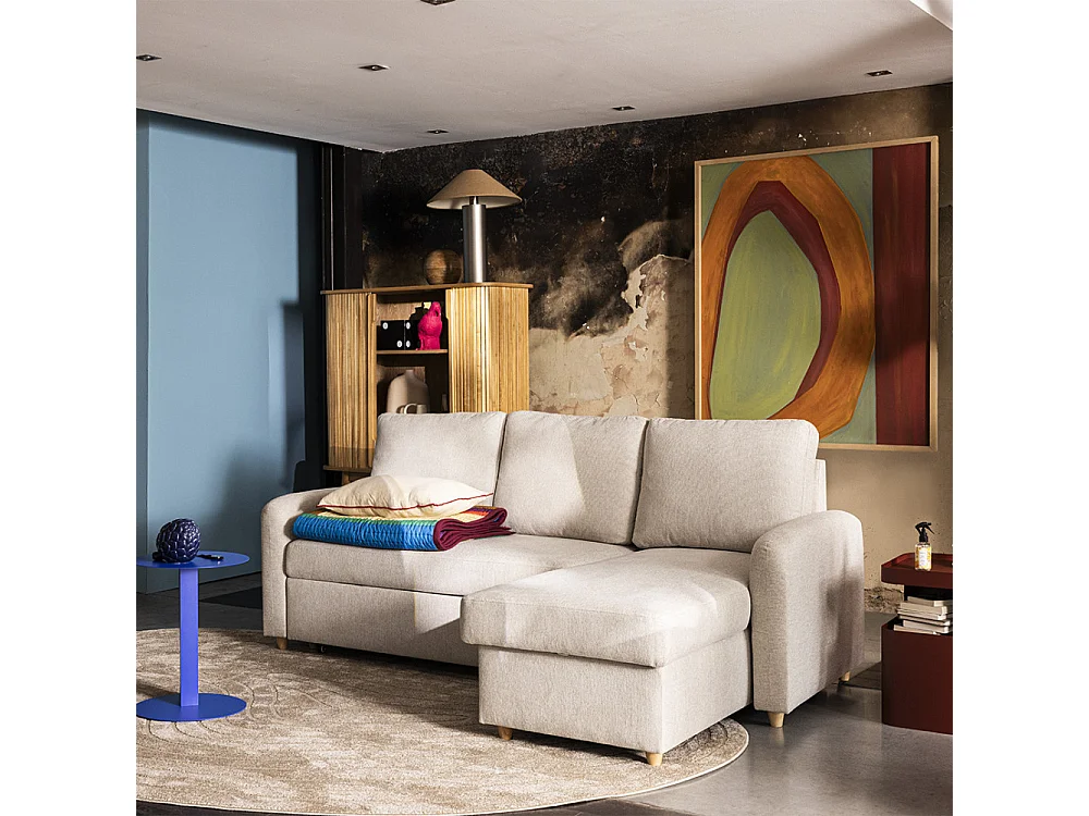 Matera - Canapé d'angle réversible convertible 3 places en tissu avec coffre - Beige chiné