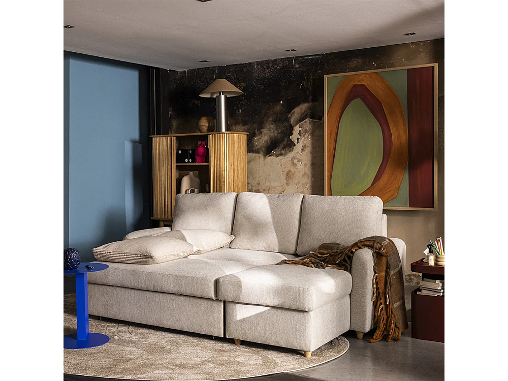 Matera - Canapé d'angle réversible convertible 3 places en tissu avec coffre - Beige chiné