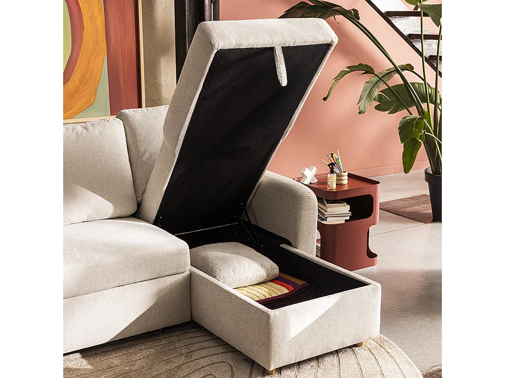 Matera - Canapé d'angle réversible convertible 3 places en tissu avec coffre - Beige chiné