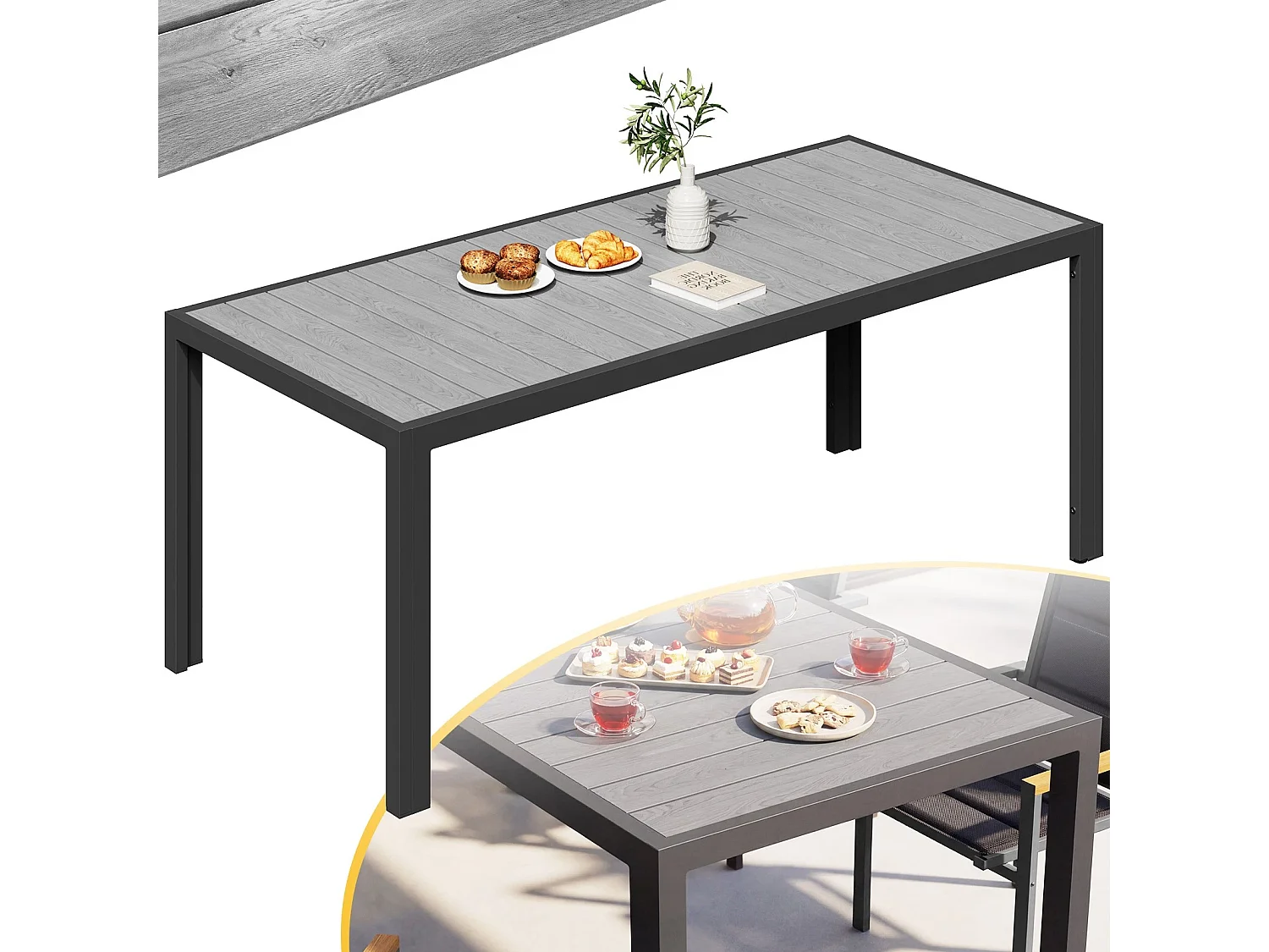 Table de jardin 180×80 cm, table en aluminium, table de balcon, table à manger d'extérieur