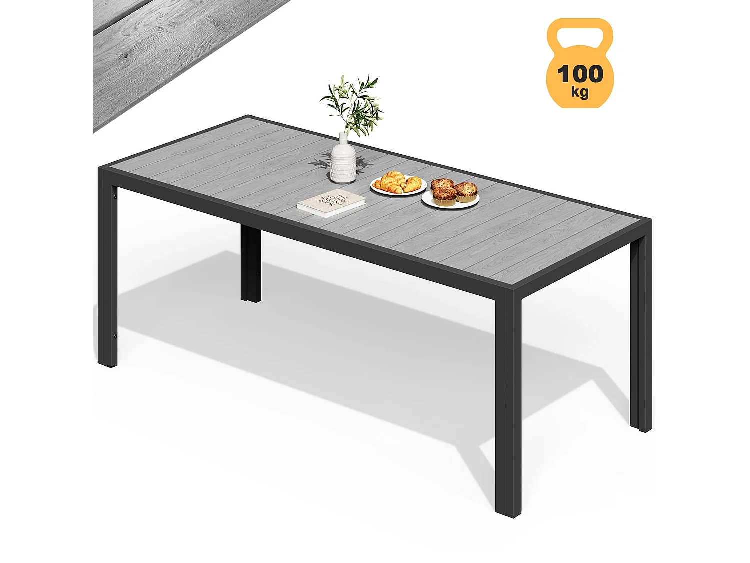 Table de jardin 180×80 cm, table en aluminium, table de balcon, table à manger d'extérieur