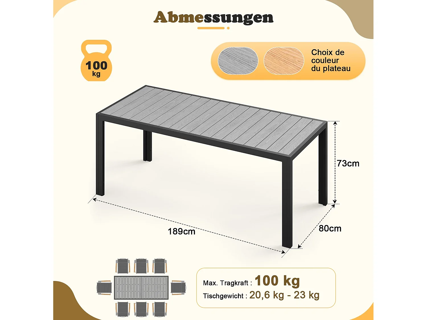 Table de jardin 180×80 cm, table en aluminium, table de balcon, table à manger d'extérieur