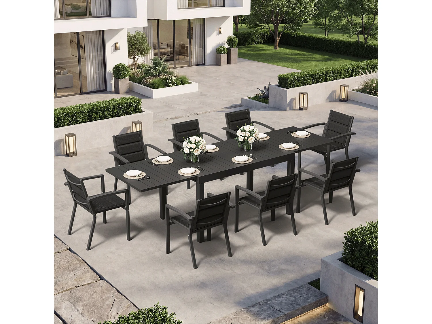 Ensemble de table et chaises de jardin en aluminium extensible (9 pièces : 1 table et 8 chaises), supportant jusqu’à 160 kg, idéal pour le jardin et la terrasse.