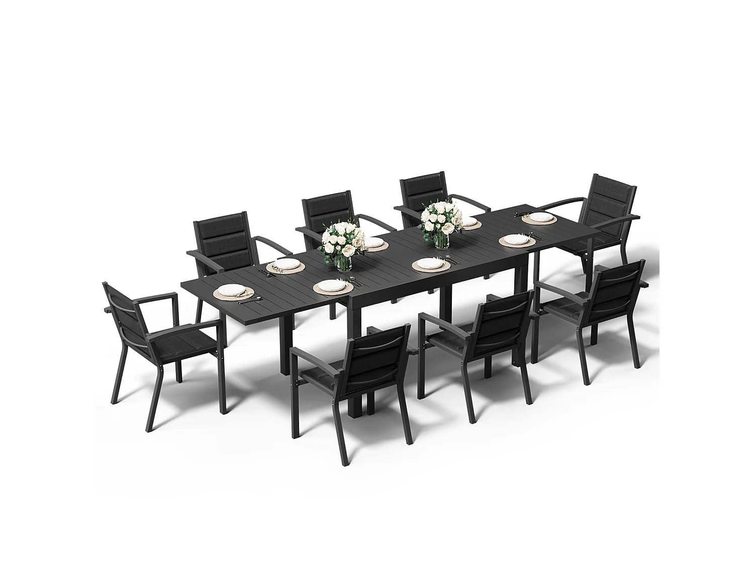Ensemble de table et chaises de jardin en aluminium extensible (9 pièces : 1 table et 8 chaises), supportant jusqu’à 160 kg, idéal pour le jardin et la terrasse.