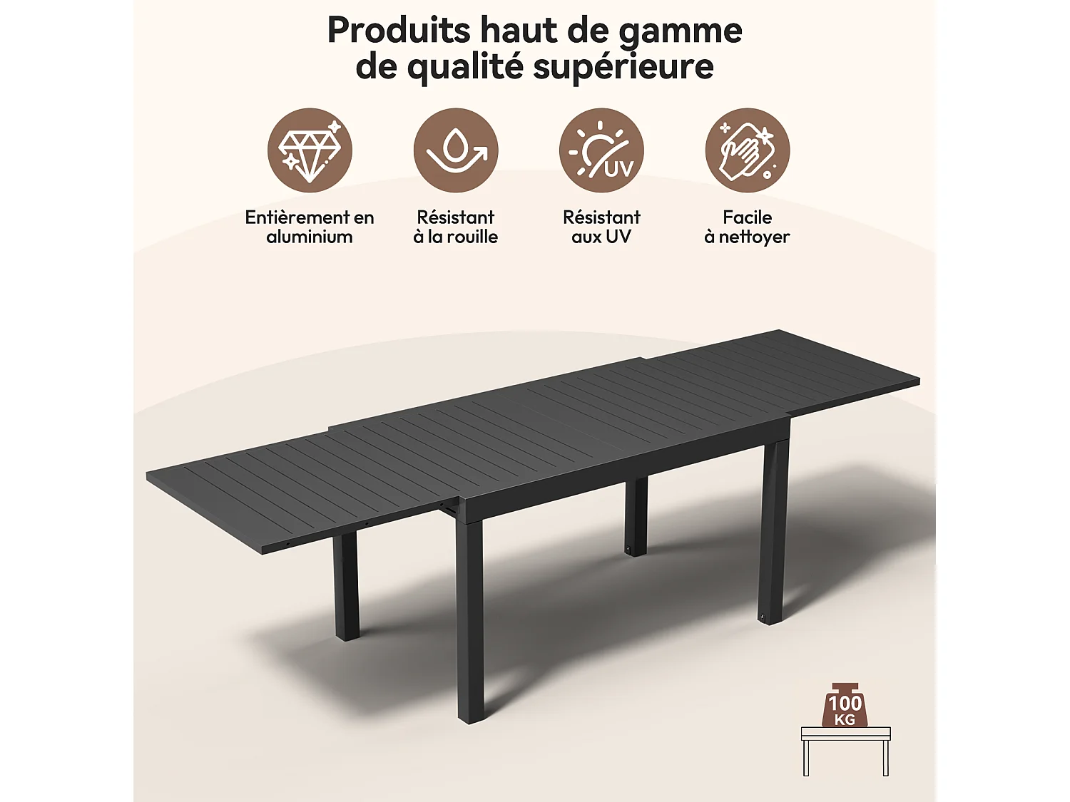 Ensemble de table et chaises de jardin en aluminium extensible (9 pièces : 1 table et 8 chaises), supportant jusqu’à 160 kg, idéal pour le jardin et la terrasse.