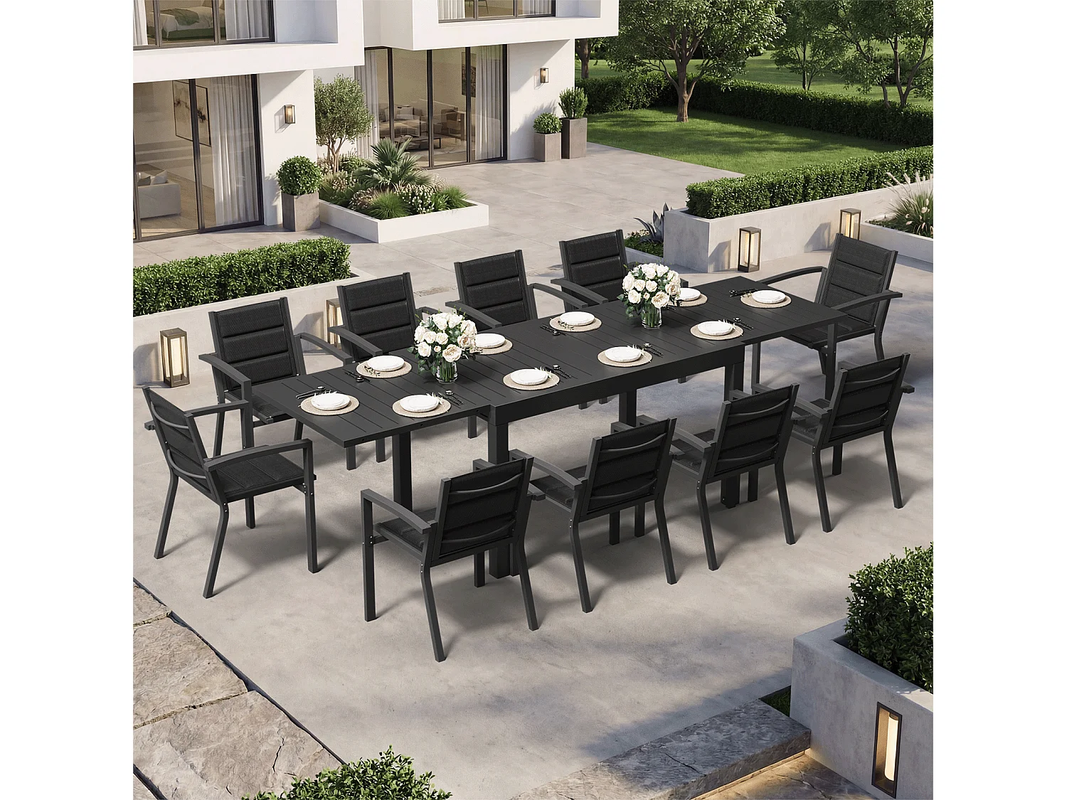 Ensemble de table et chaises de jardin en aluminium extensible (11 pièces : 1 table et 10 chaises). Les chaises supportent jusqu’à 160 kg et la table jusqu’à 100 kg