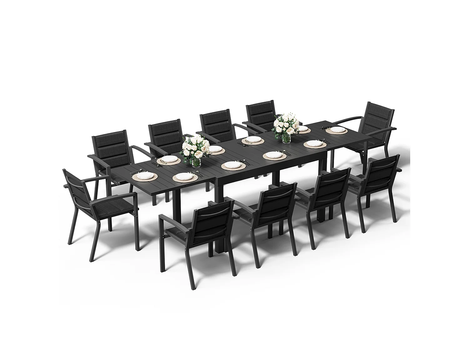 Ensemble de table et chaises de jardin en aluminium extensible (11 pièces : 1 table et 10 chaises). Les chaises supportent jusqu’à 160 kg et la table jusqu’à 100 kg