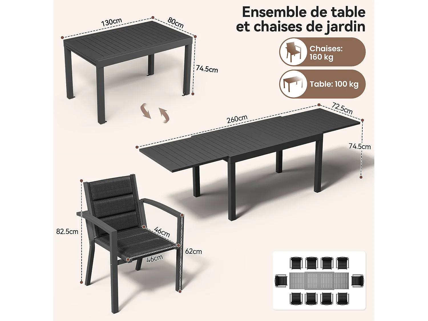 Ensemble de table et chaises de jardin en aluminium extensible (11 pièces : 1 table et 10 chaises). Les chaises supportent jusqu’à 160 kg et la table jusqu’à 100 kg