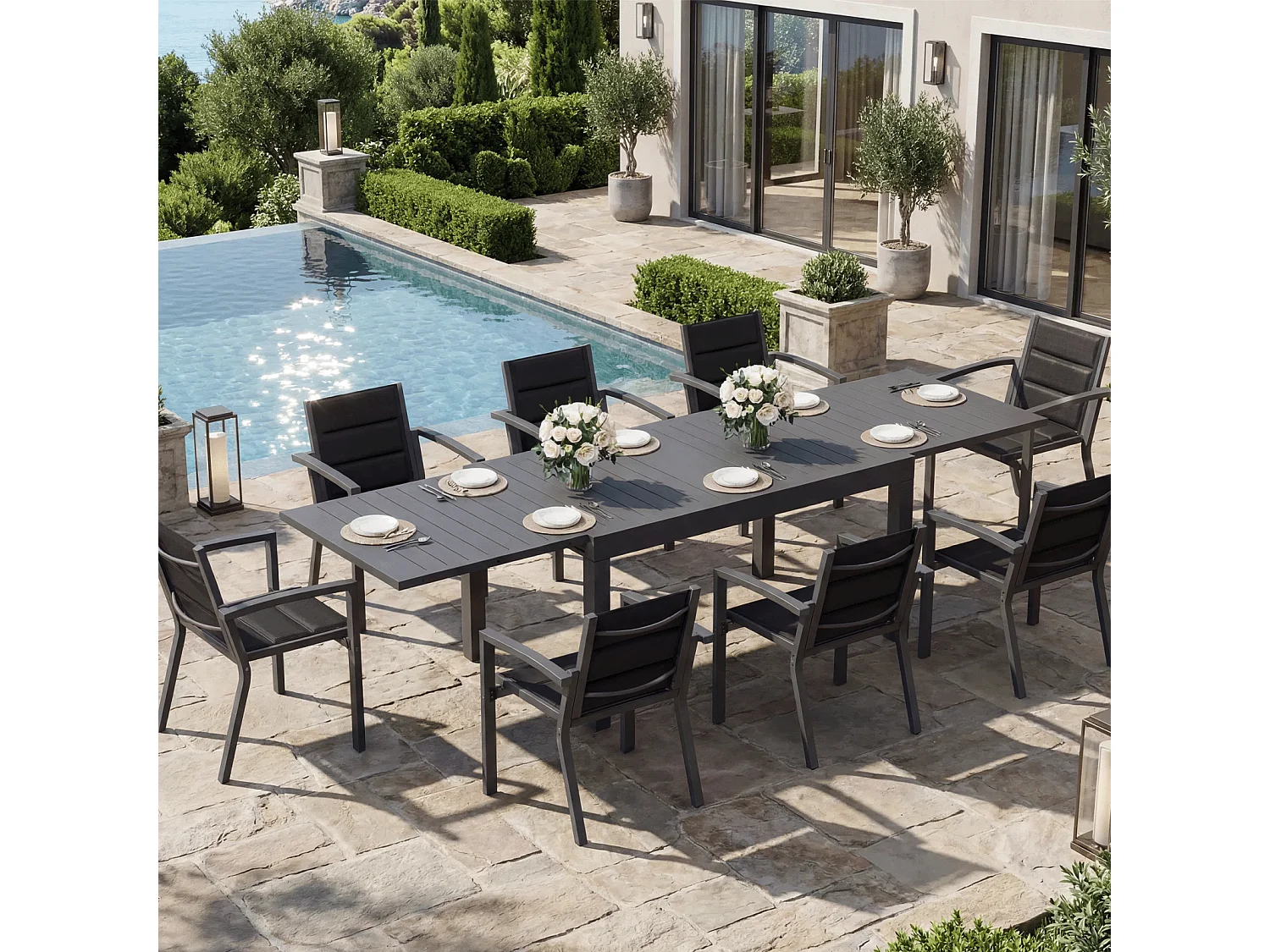 Ensemble de table et chaises de jardin en aluminium extensible (11 pièces : 1 table et 10 chaises). Les chaises supportent jusqu’à 160 kg et la table jusqu’à 100 kg
