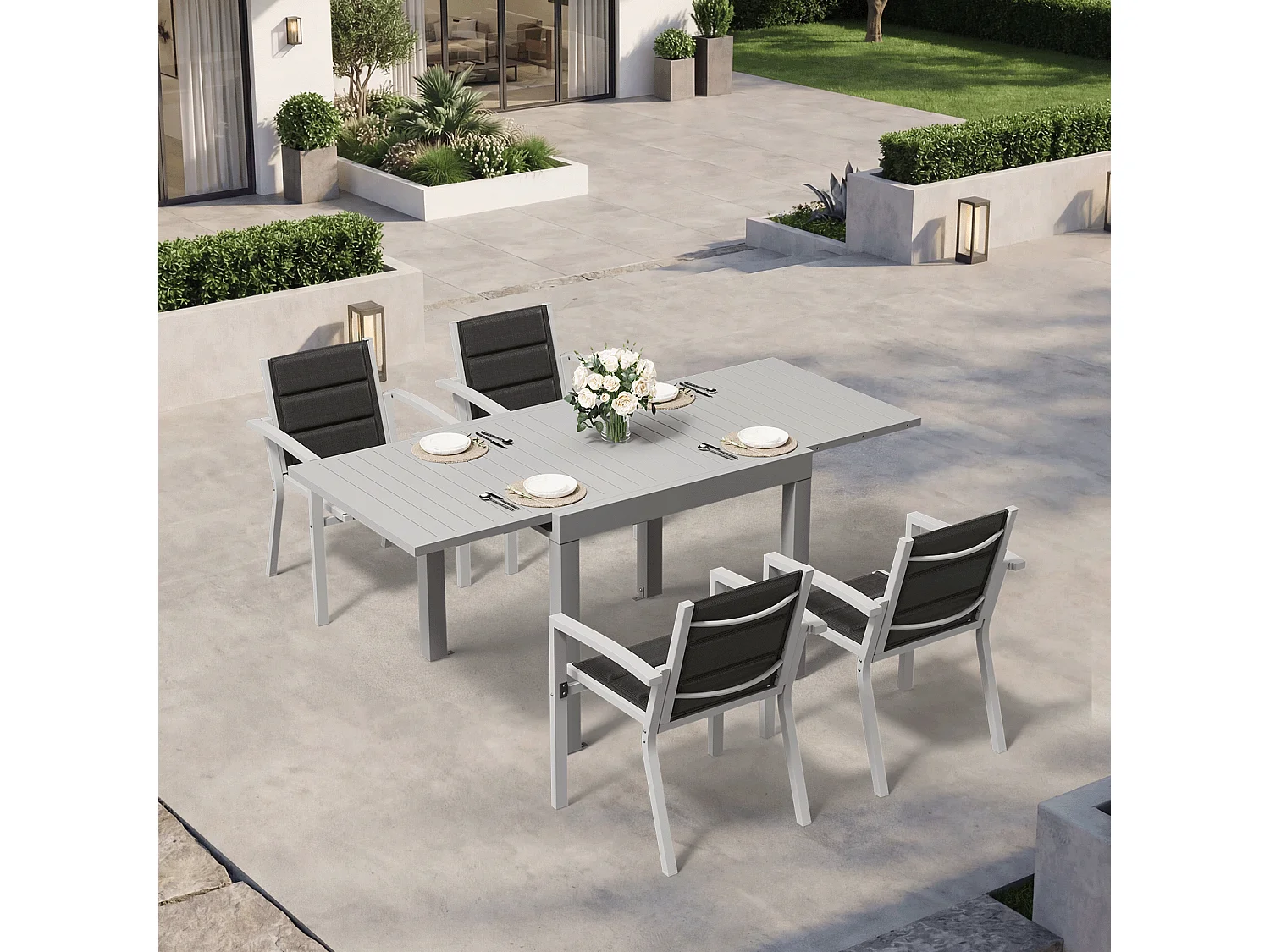 DEVOKE® Ensemble de table et chaises de jardin extensibles en aluminium, gris clair (5 pièces : 1 table et 4 chaises), idéal pour le jardin et la terrasse.