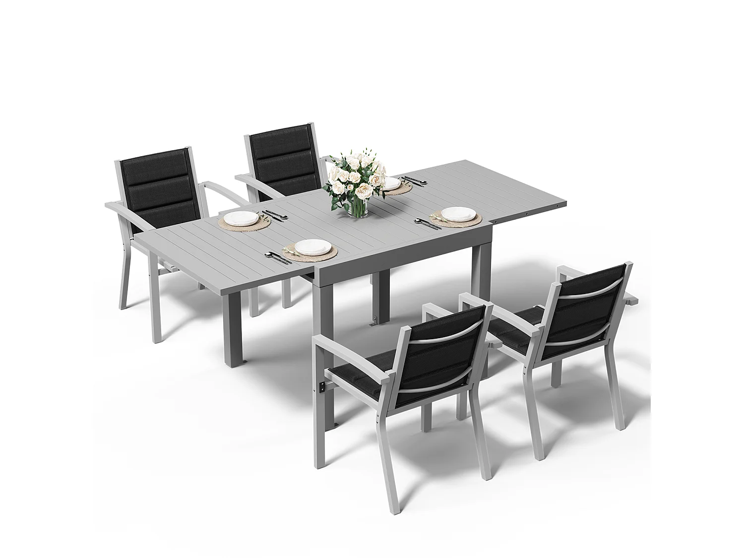 DEVOKE® Ensemble de table et chaises de jardin extensibles en aluminium, gris clair (5 pièces : 1 table et 4 chaises), idéal pour le jardin et la terrasse.
