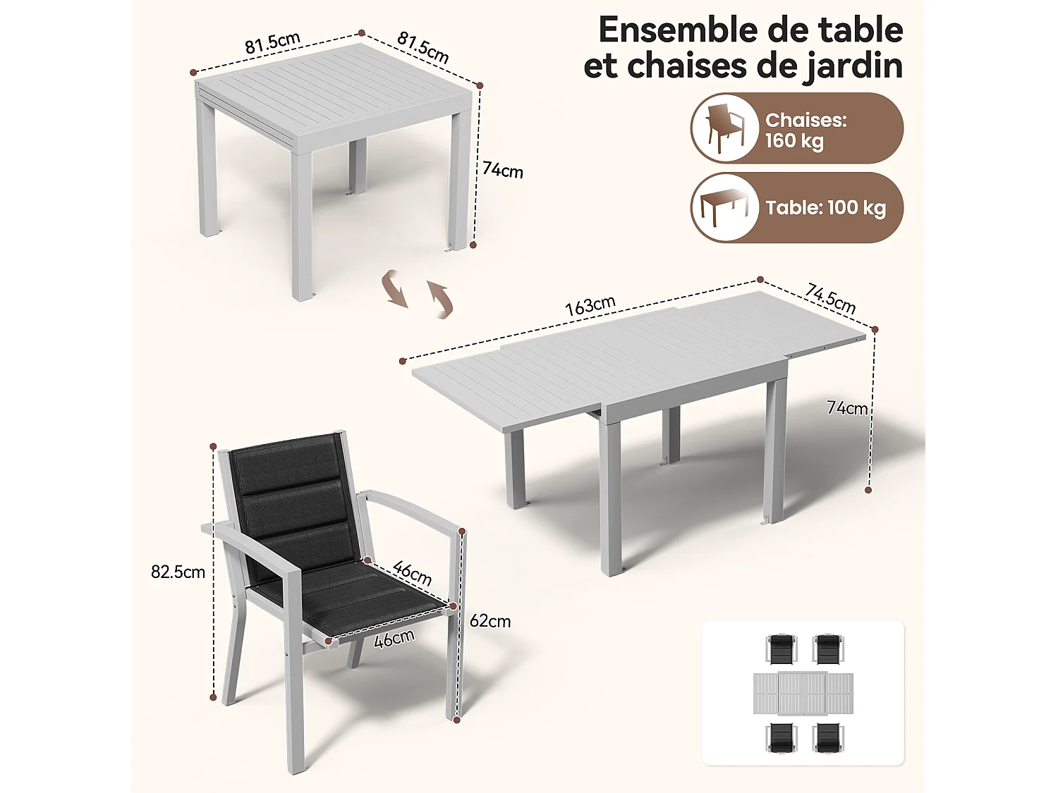 DEVOKE® Ensemble de table et chaises de jardin extensibles en aluminium, gris clair (5 pièces : 1 table et 4 chaises), idéal pour le jardin et la terrasse.
