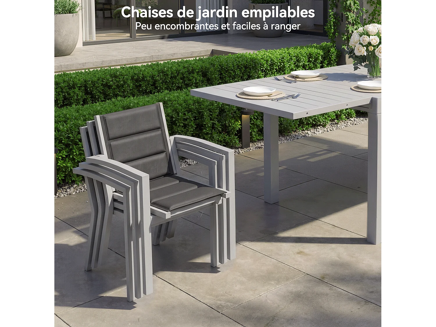 DEVOKE® Ensemble de table et chaises de jardin extensibles en aluminium, gris clair (5 pièces : 1 table et 4 chaises), idéal pour le jardin et la terrasse.