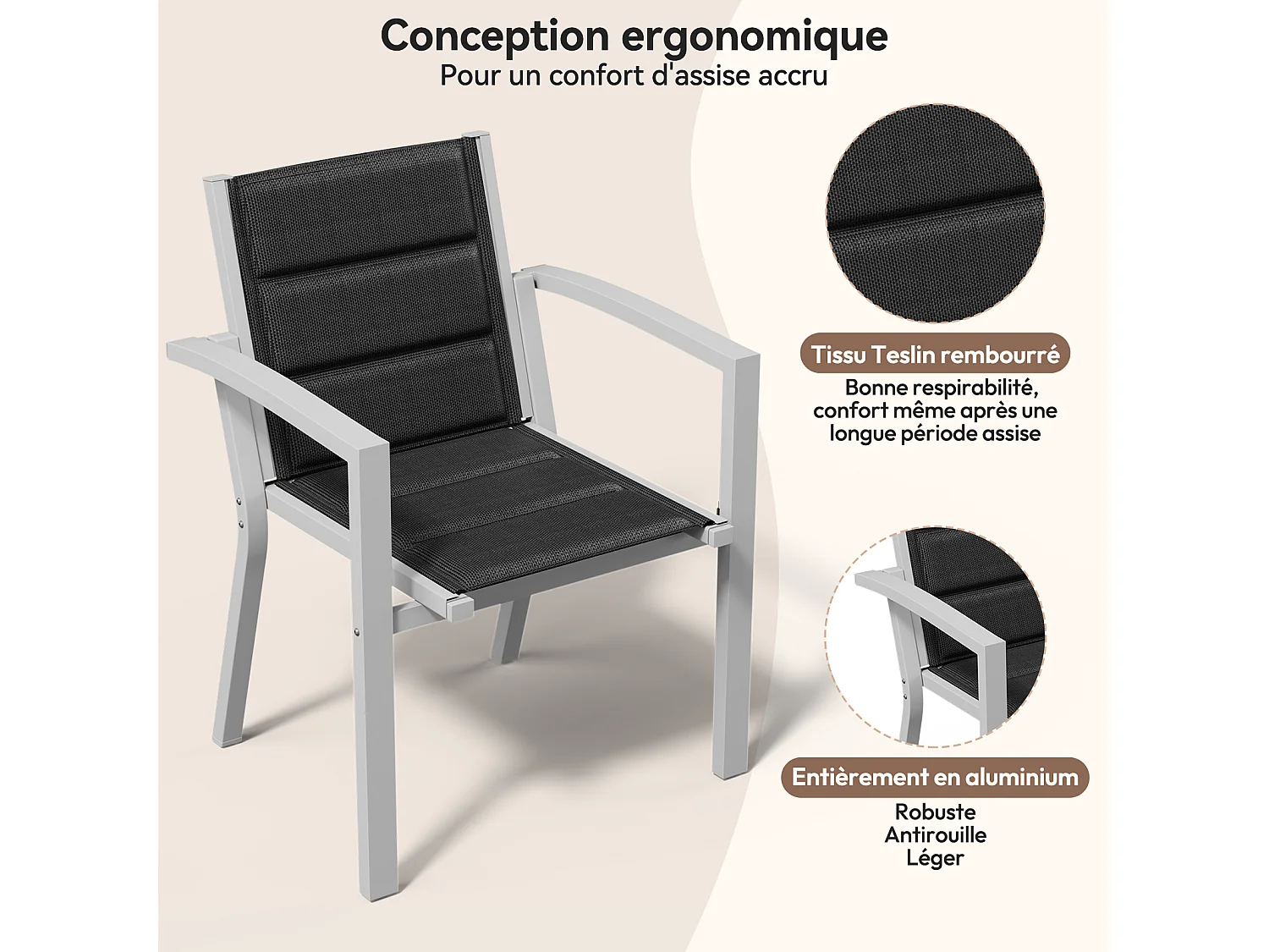 DEVOKE® Ensemble de table et chaises de jardin extensibles en aluminium, gris clair (5 pièces : 1 table et 4 chaises), idéal pour le jardin et la terrasse.