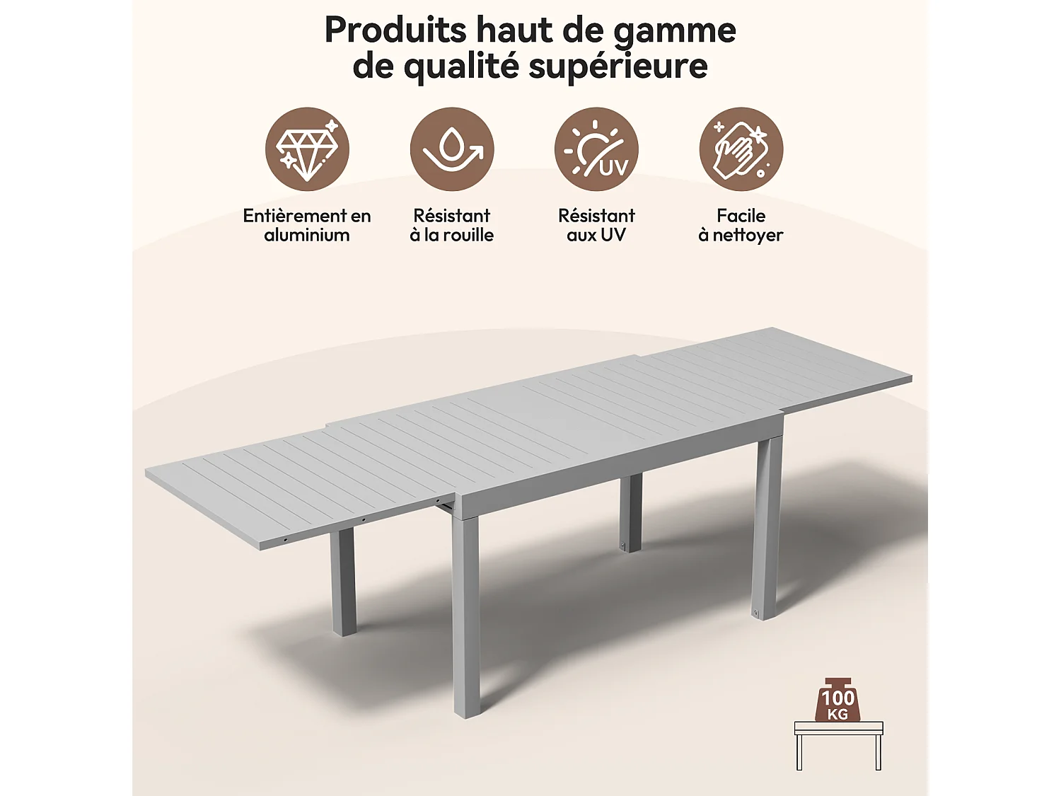 DEVOKE® Ensemble de table et chaises de jardin extensibles en aluminium, gris clair (5 pièces : 1 table et 4 chaises), idéal pour le jardin et la terrasse.