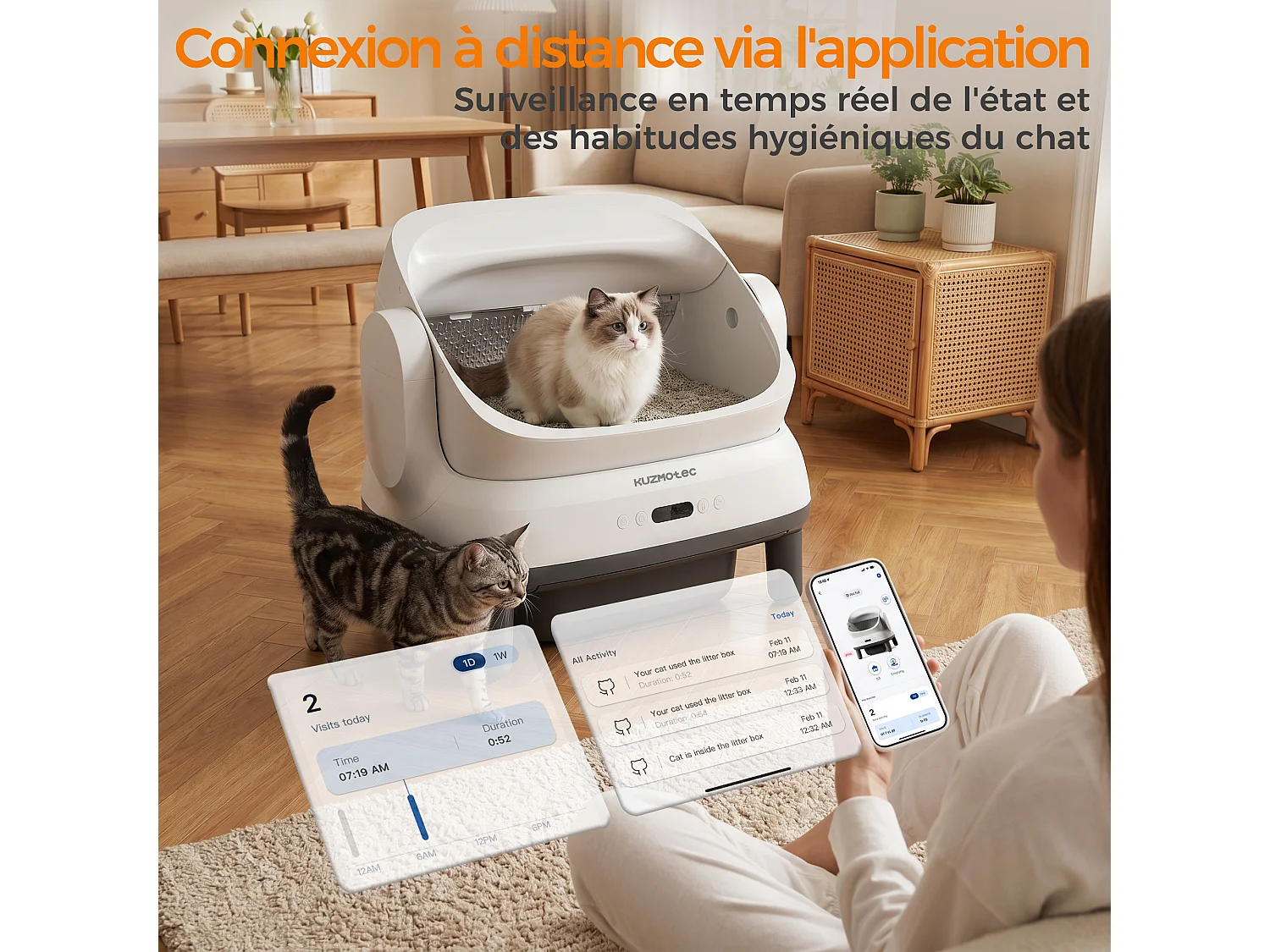DEVOKE® XXXL 120L Bac à litière pour chat semi-ouvert, entièrement automatique et intelligent, anti-odeurs, avec contrôle par APP