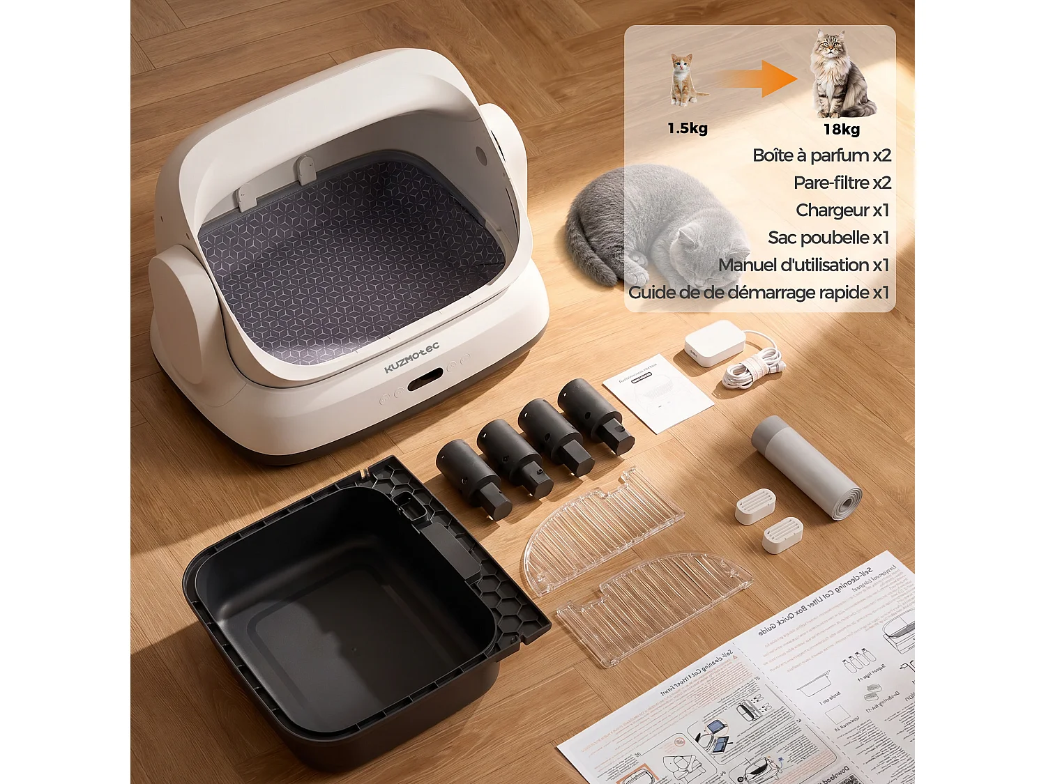 DEVOKE® XXXL 120L Bac à litière pour chat semi-ouvert, entièrement automatique et intelligent, anti-odeurs, avec contrôle par APP