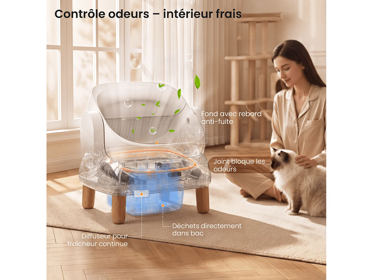 Devoko XXL Bac à litière pour chat semi-ouvert autonettoyant, contrôle APP, anti-odeurs, bac à déchets de 12L