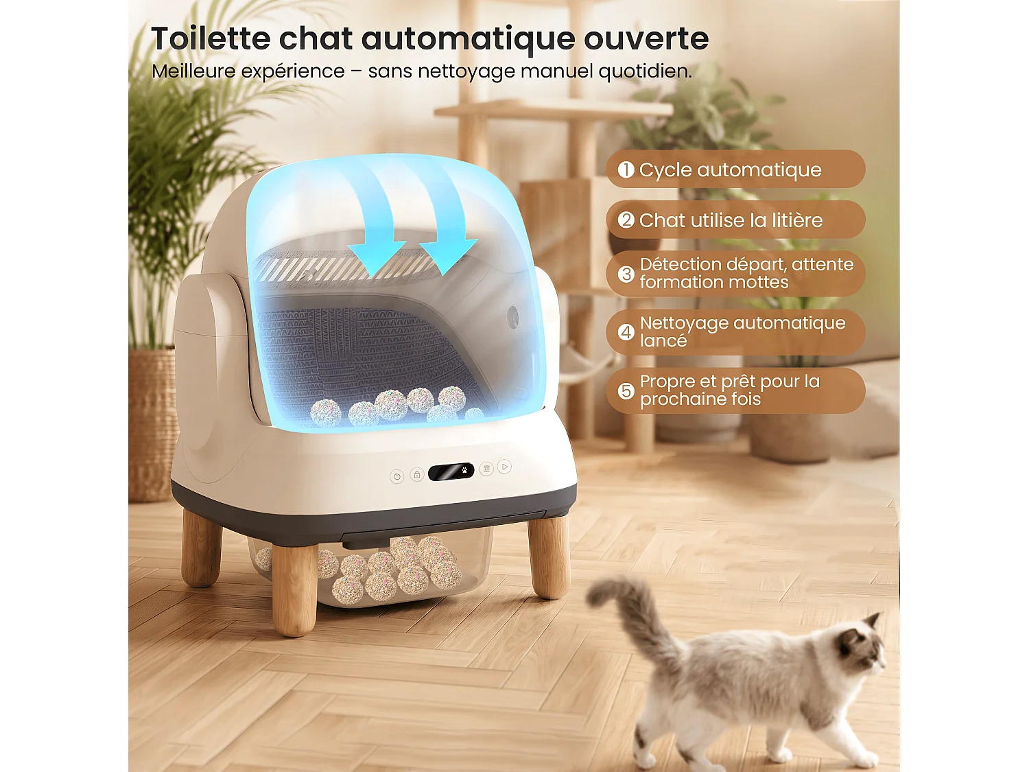 Devoko XXL Bac à litière pour chat semi-ouvert autonettoyant, contrôle APP, anti-odeurs, bac à déchets de 12L