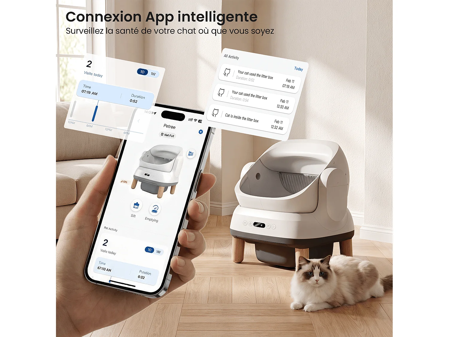 Devoko XXL Bac à litière pour chat semi-ouvert autonettoyant, contrôle APP, anti-odeurs, bac à déchets de 12L