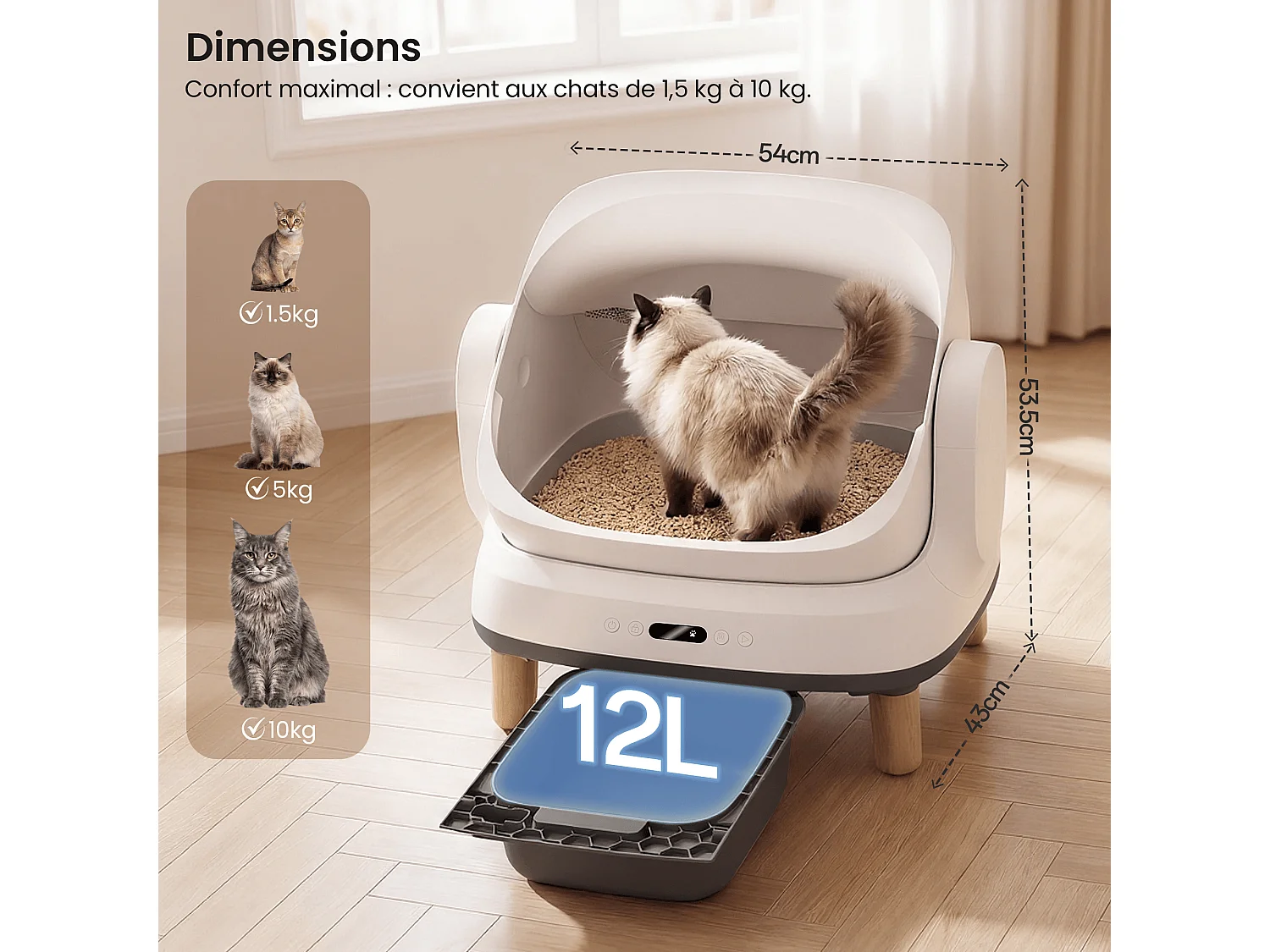 Devoko XXL Bac à litière pour chat semi-ouvert autonettoyant, contrôle APP, anti-odeurs, bac à déchets de 12L