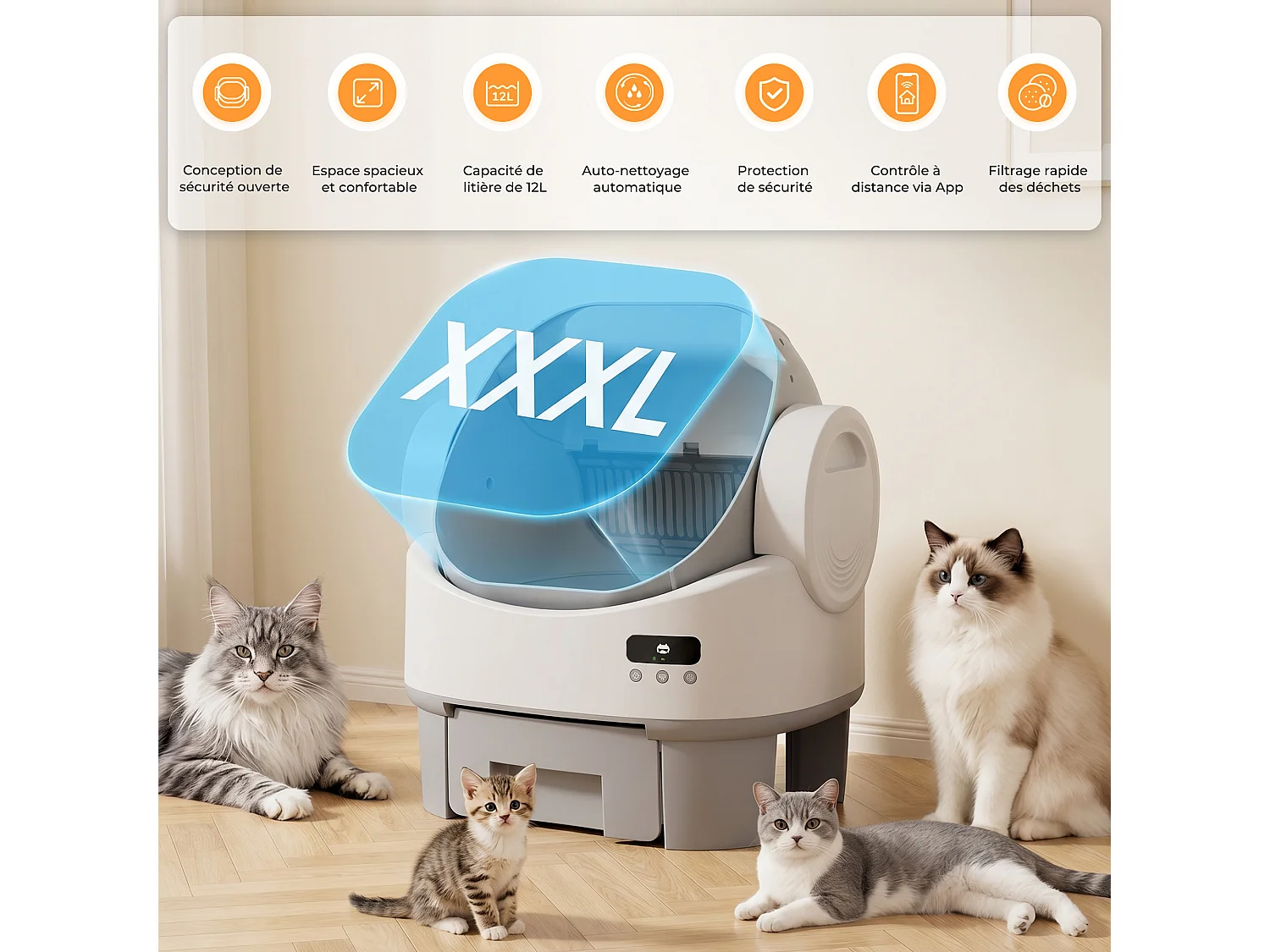 DEVOKE Litière pour Chat Autonettoyante avec Design Ouvert – Litière Chat Autonettoyante avec Contrôle par APP, Capteurs de Sécurité, pour Chats jusqu'à 13kg,