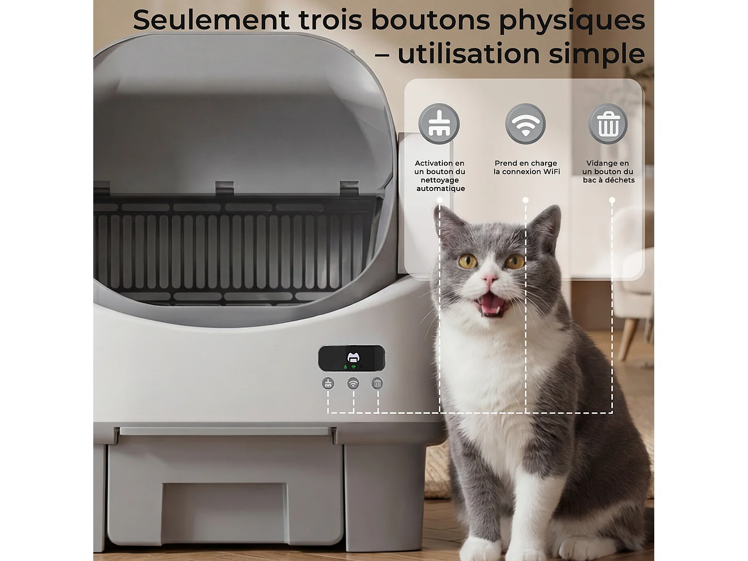 DEVOKE Litière pour Chat Autonettoyante avec Design Ouvert – Litière Chat Autonettoyante avec Contrôle par APP, Capteurs de Sécurité, pour Chats jusqu'à 13kg,