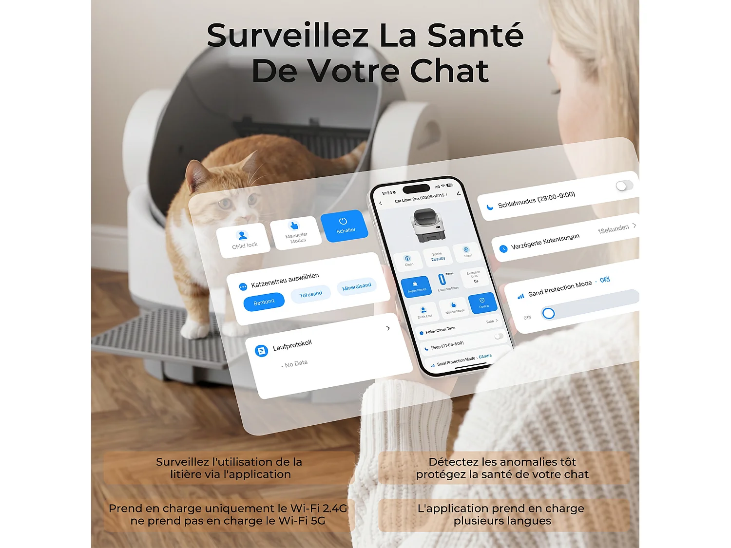 DEVOKE Litière pour Chat Autonettoyante avec Design Ouvert – Litière Chat Autonettoyante avec Contrôle par APP, Capteurs de Sécurité, pour Chats jusqu'à 13kg,