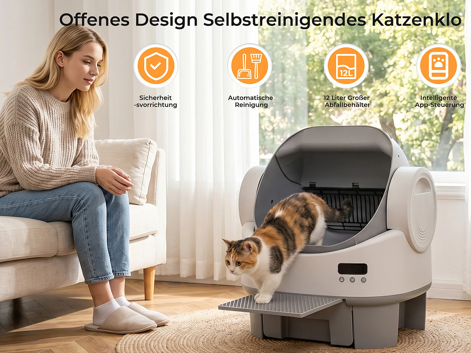 DEVOKE Litière pour Chat Autonettoyante avec Design Ouvert – Litière Chat Autonettoyante avec Contrôle par APP, Capteurs de Sécurité, pour Chats jusqu'à 13kg,