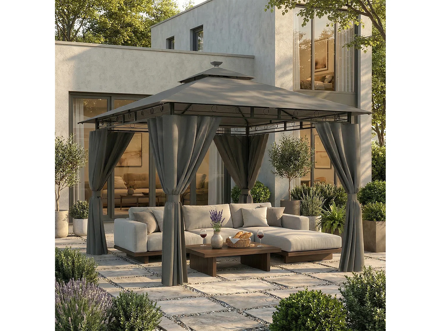 DEVOKE Tonnelle de jardin 3×3 m à double toit, imperméable et stable, avec parois latérales, pliable, équipée de piquets renforcés, adaptée au jardin et à la terras