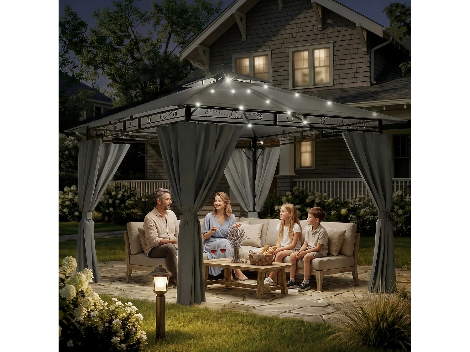 DEVOKE Tonnelle de jardin 3×3 m à double toit, imperméable et stable, avec parois latérales, pliable, équipée de piquets renforcés, adaptée au jardin et à la terras