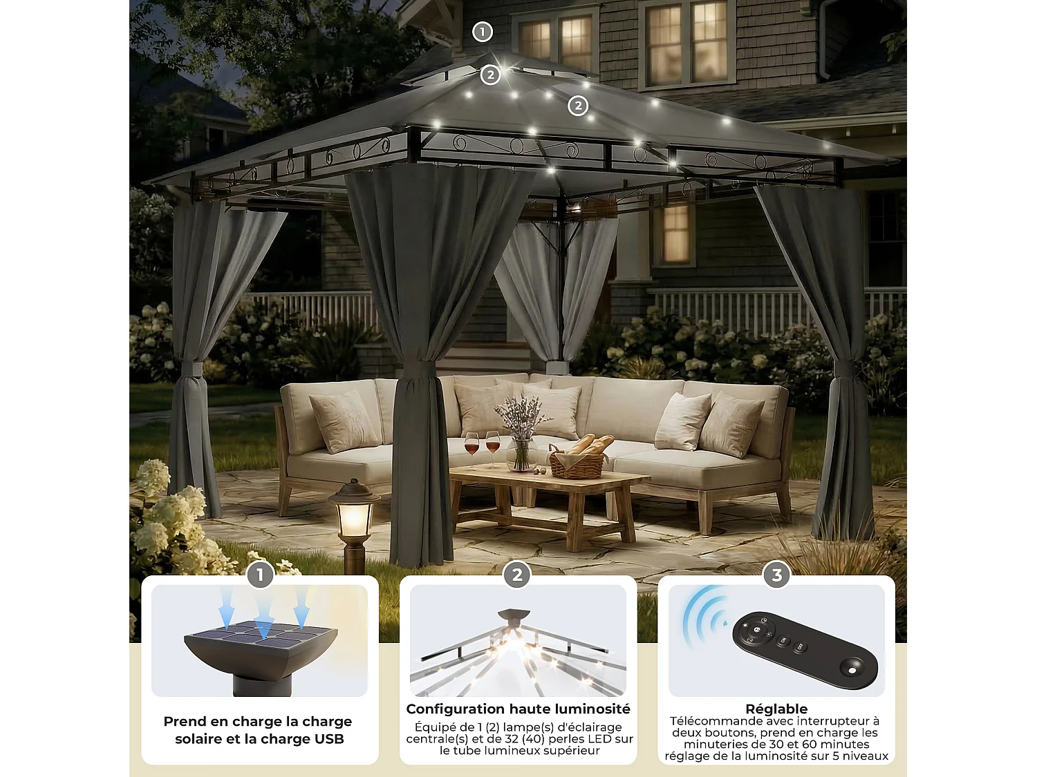 DEVOKE Tonnelle de jardin 3×3 m à double toit, imperméable et stable, avec parois latérales, pliable, équipée de piquets renforcés, adaptée au jardin et à la terras