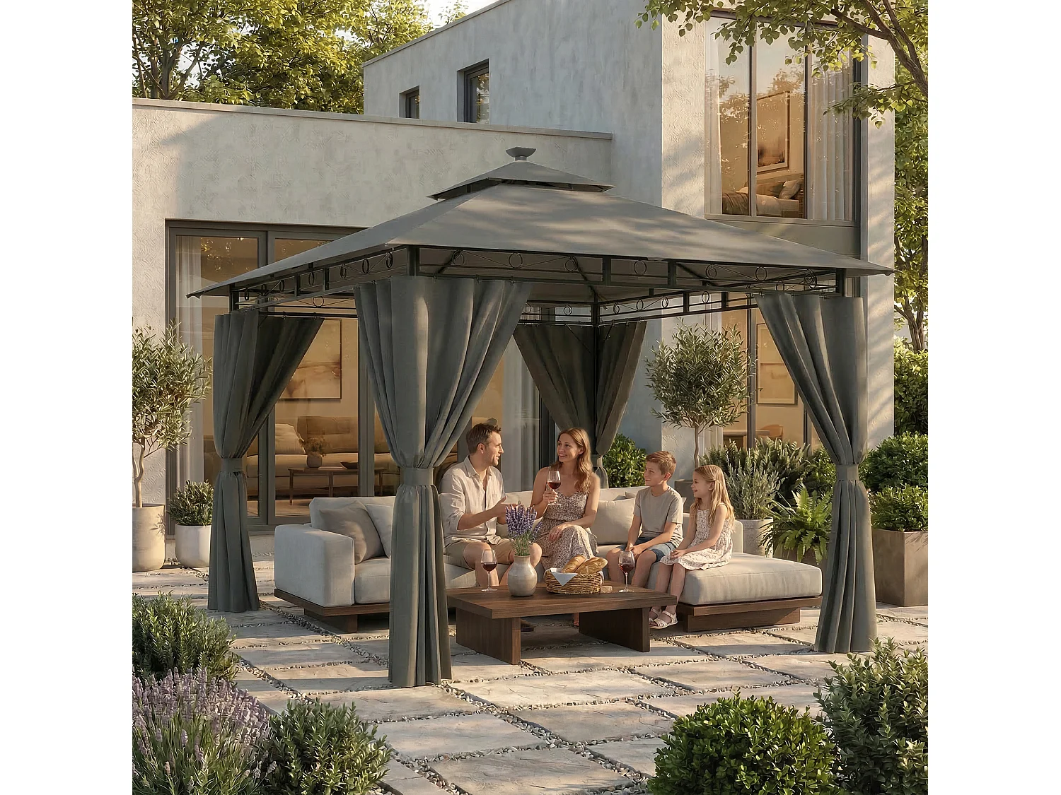 DEVOKE Tonnelle de jardin 3×3 m à double toit, imperméable et stable, avec parois latérales, pliable, équipée de piquets renforcés, adaptée au jardin et à la terras