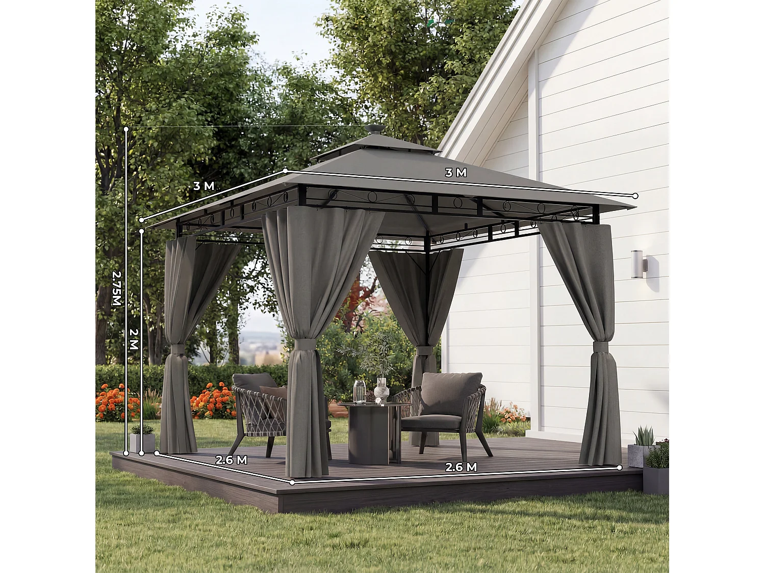 DEVOKE Tonnelle de jardin 3×3 m à double toit, imperméable et stable, avec parois latérales, pliable, équipée de piquets renforcés, adaptée au jardin et à la terras