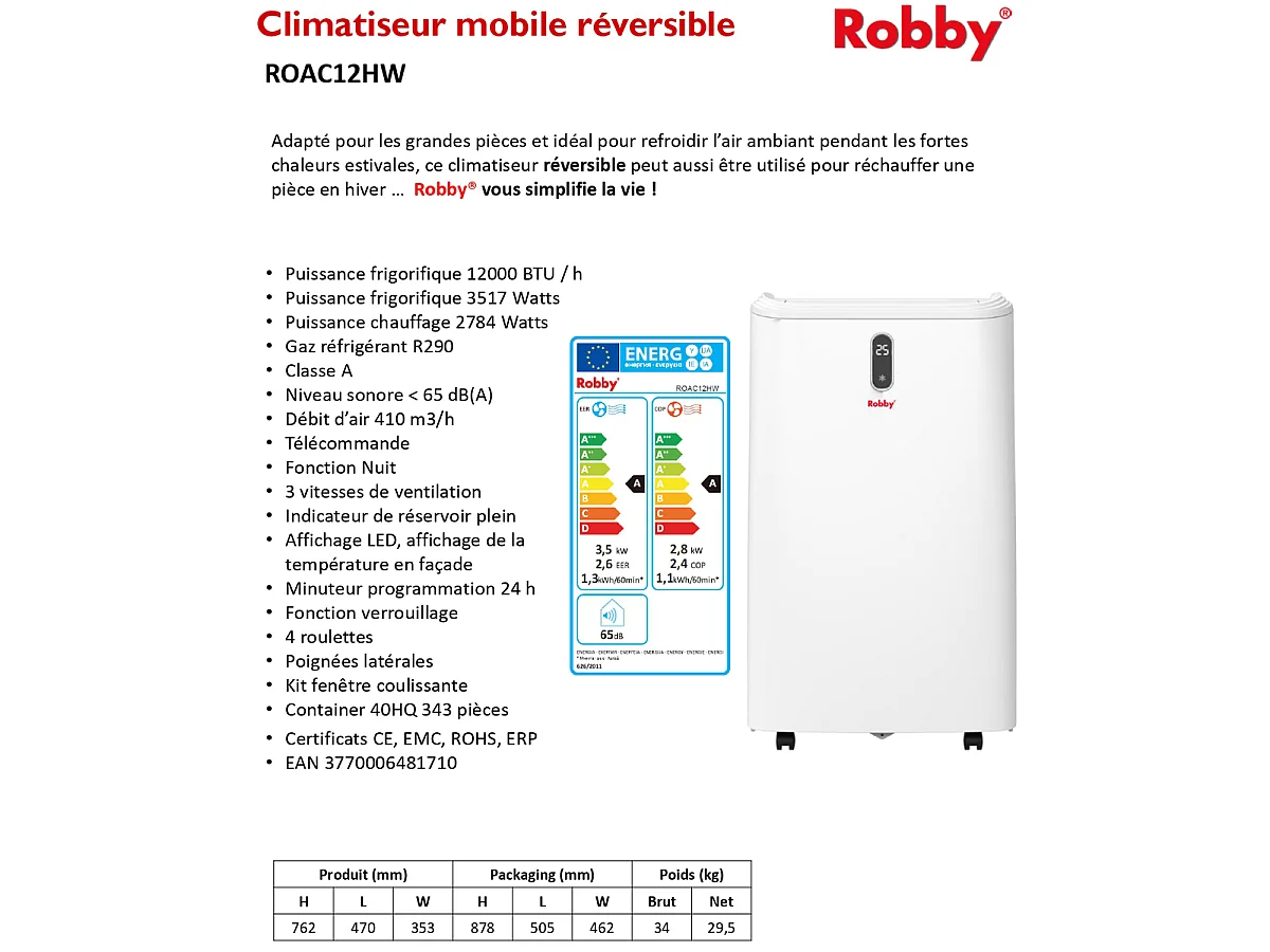 Robby Climatiseur mobile réversible 3500w avec kit fenêtre - ROAC12HW