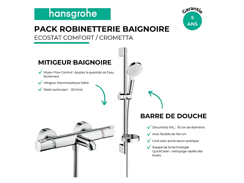 Pack mitigeur baignoire thermostatique HANSGROHE Ecostat Comfort chromé + Ensemble de douche Crometta 2 jets blanc/chromé