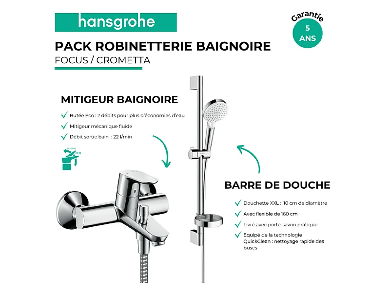 Pack mitigeur baignoire mécanique HANSGROHE Focus C2 chromé + Ensemble de douche Crometta 2 jets blanc/chromé