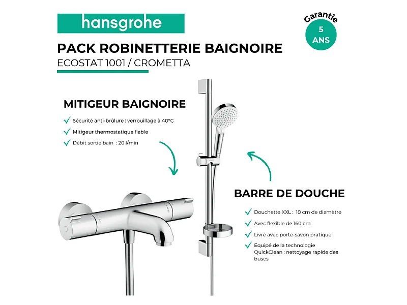 Pack mitigeur baignoire thermostatique HANSGROHE Ecostat 1001 CL chromé + Ensemble de douche Crometta 2 jets blanc/chromé