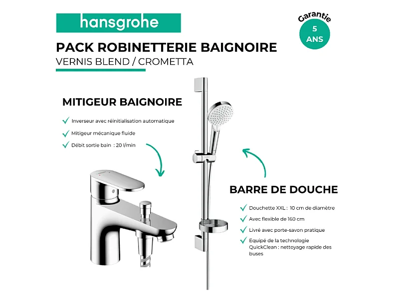 Pack mitigeur baignoire mécanique monotrou HANSGROHE Vernis Blend chromé + Ensemble de douche Crometta 2 jets blanc/chromé