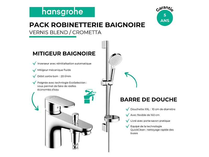 Pack mitigeur baignoire mécanique HANSGROHE Vernis Blend C2 chromé + Ensemble de douche Crometta 2 jets blanc/chromé