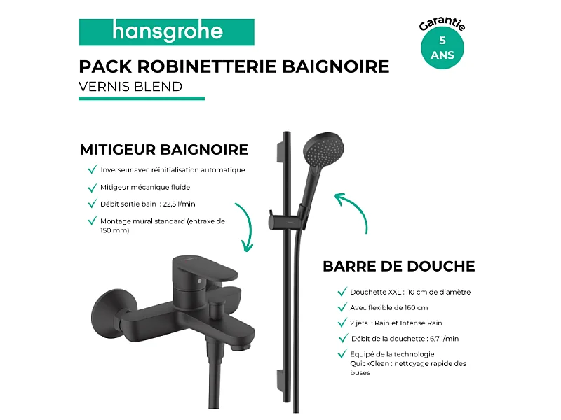 Pack mitigeur baignoire mécanique HANSGROHE Vernis Blend + Ensemble pommeau Vernis Blend EcoSmart 2 jets avec barre noir mat