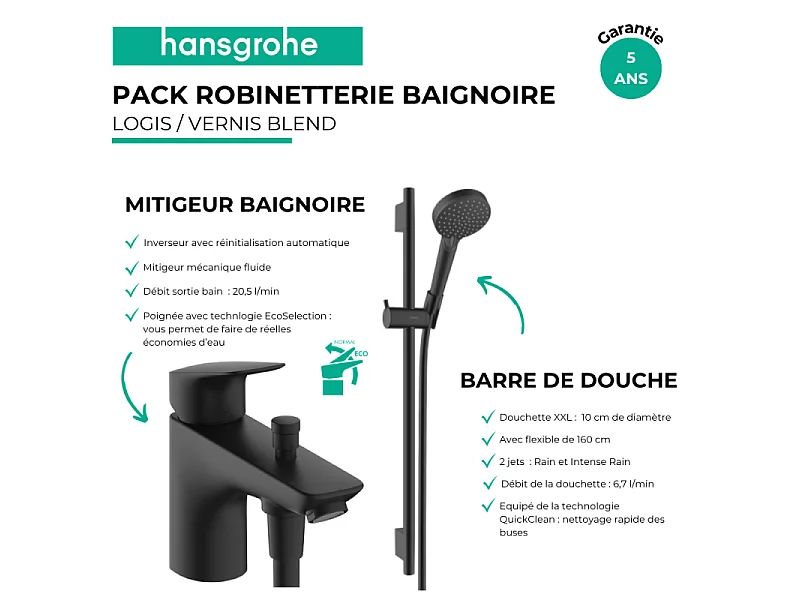 Pack mitigeur baignoire mécanique HANSGROHE Logis C2 + Ensemble pommeau Vernis Blend EcoSmart 2 jets avec barre noir mat