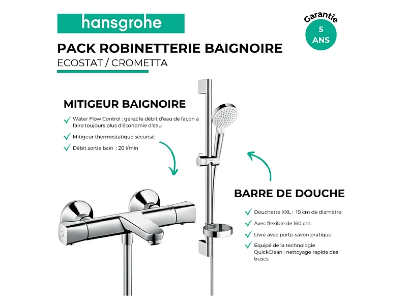 Pack mitigeur baignoire thermostatique HANSGROHE Ecostat Universal chromé + Ensemble de douche Crometta 2 jets blanc/chromé