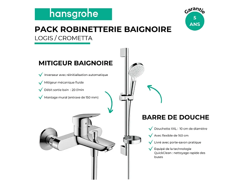 Pack mitigeur baignoire mécanique HANSGROHE Logis + Ensemble de douche Crometta 2 jets blanc/chromé