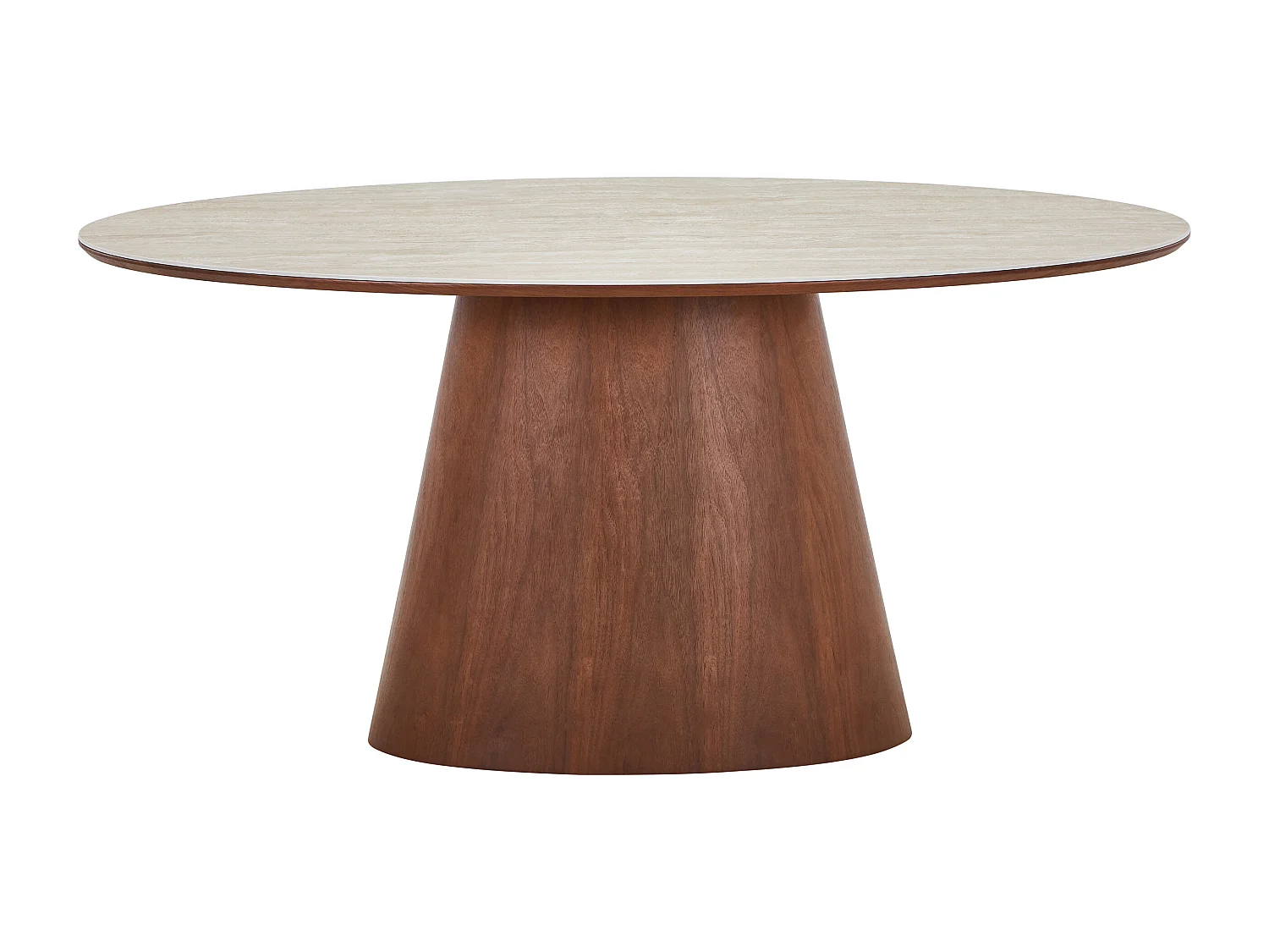 Table à manger 6 personnes en céramique et placage noyer - Effet travertin beige et Naturel foncé - ANTELADA