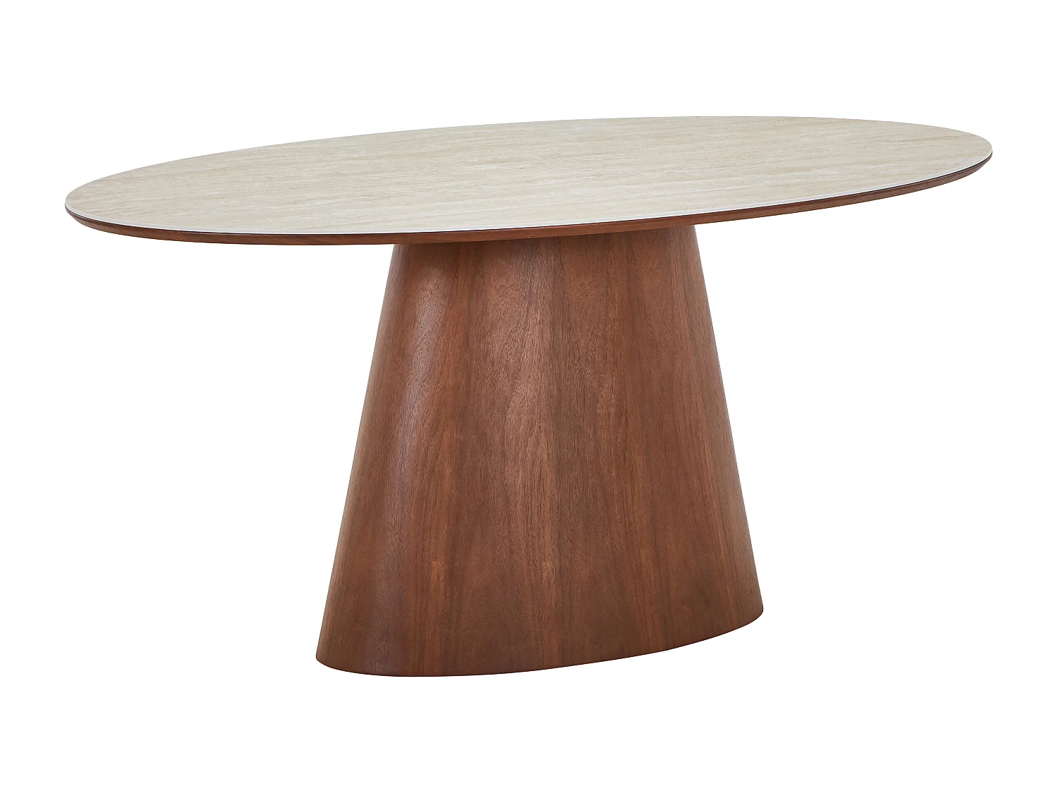 Table à manger 6 personnes en céramique et placage noyer - Effet travertin beige et Naturel foncé - ANTELADA
