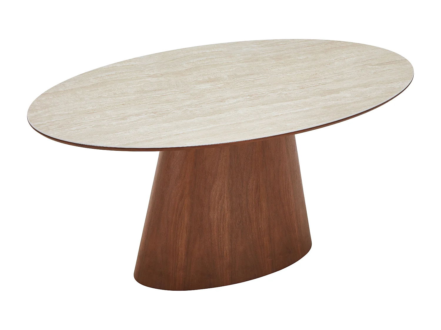 Table à manger 6 personnes en céramique et placage noyer - Effet travertin beige et Naturel foncé - ANTELADA