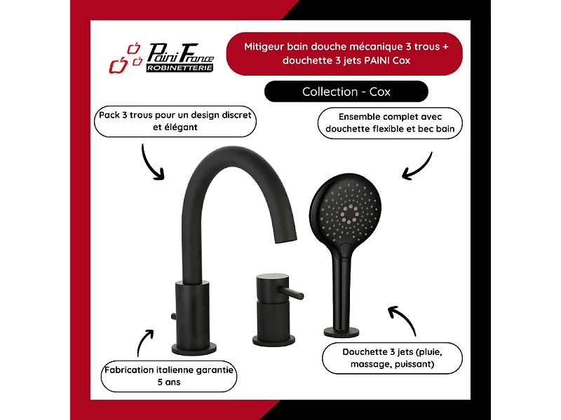 Mitigeur bain douche mécanique 3 trous + douchette 3 jets PAINI Cox noir mat