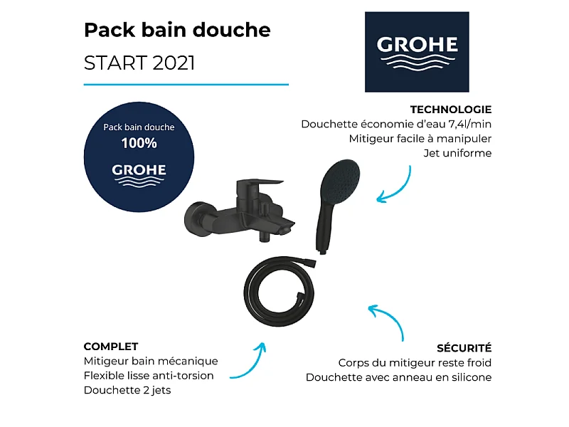 Mitigeur bain douche mécanique GROHE Start 2021 noir mat + Douchette 2 jets Vitalio GROHE Start 110 + Flexible